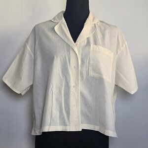 Monoprix Women's Short Sleeve Button-Up Blouse Size M Cream Cotton Lace Trim